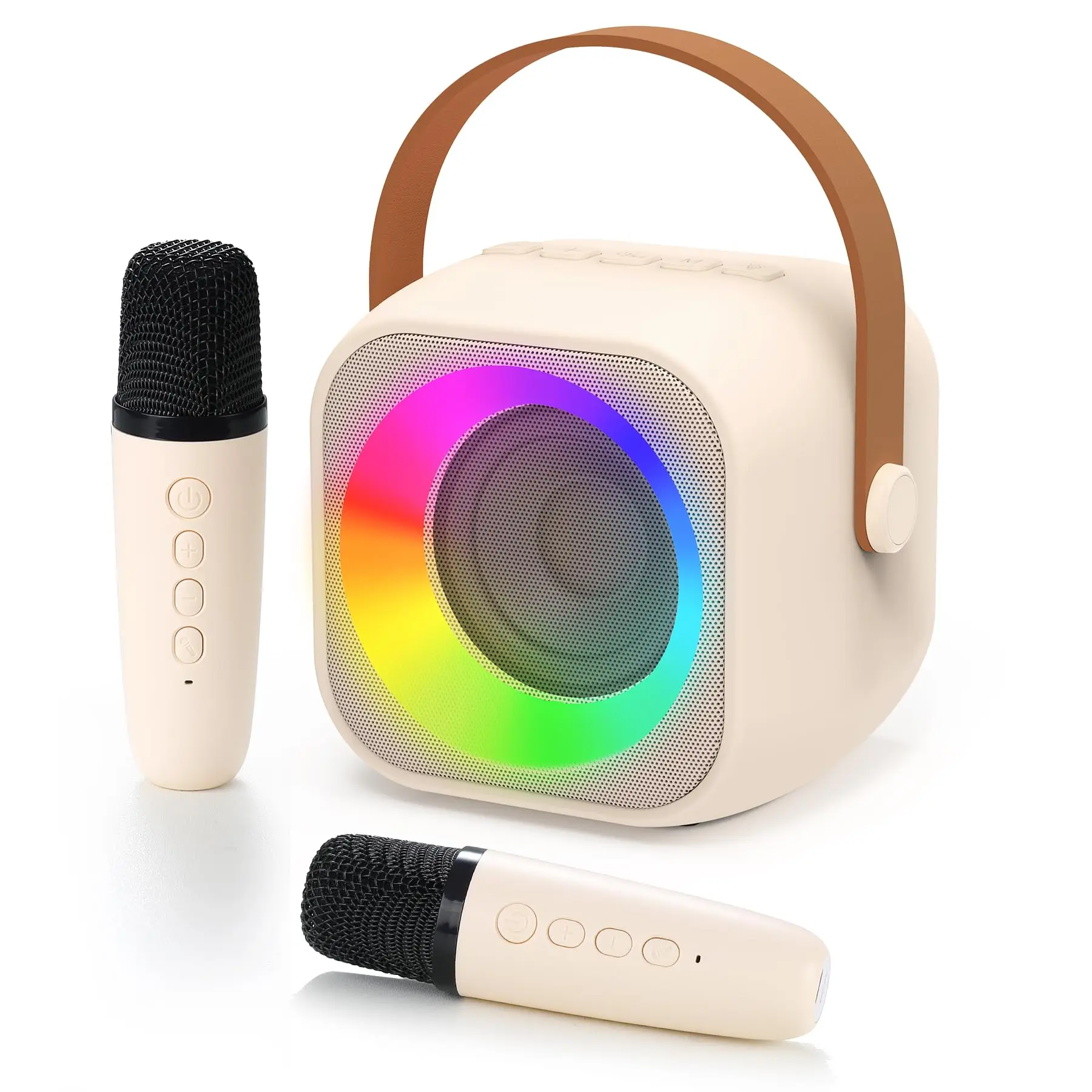 Máquina de Karaokê MDUG com 2 Microfones, bege, portátil para crianças e reuniões familiares