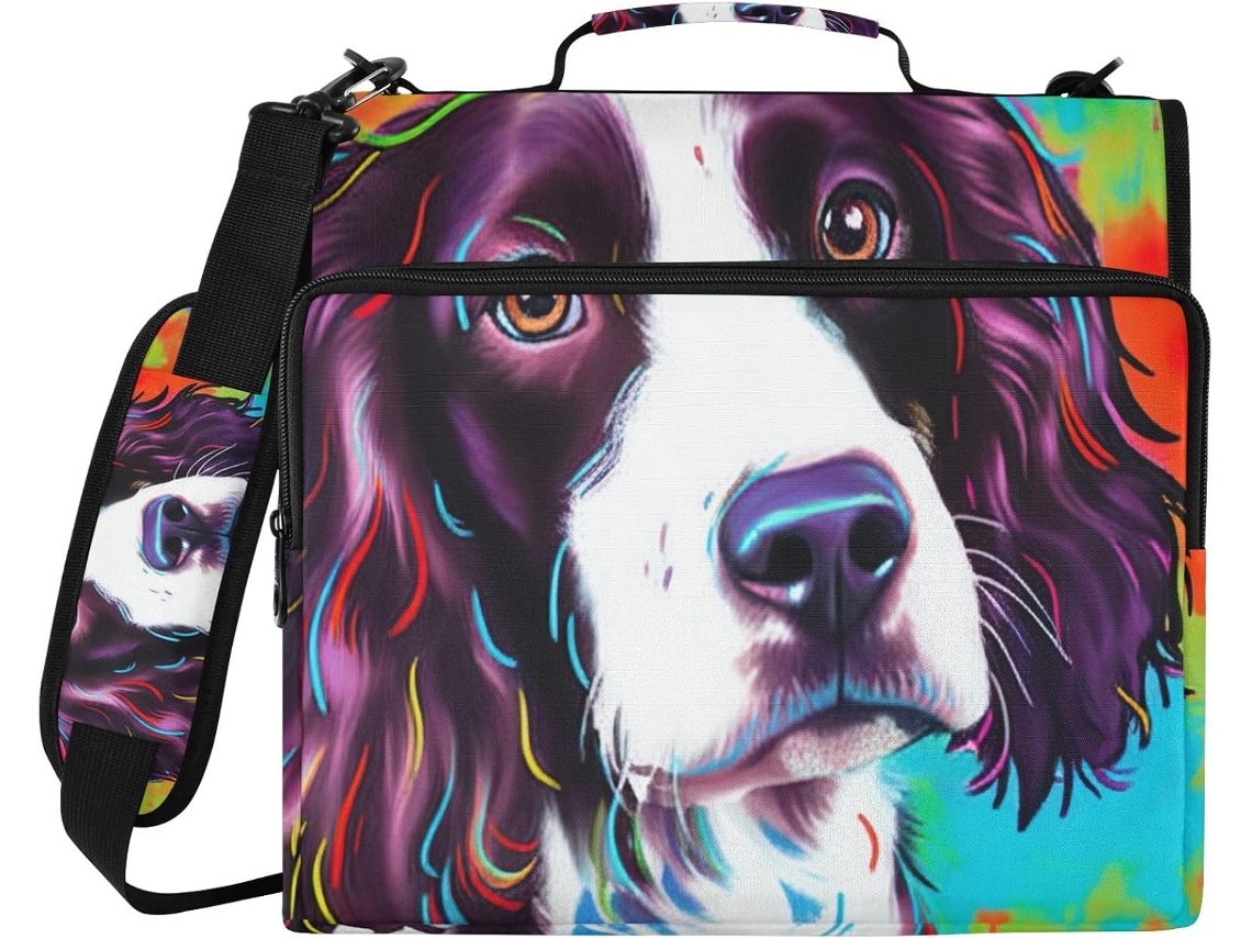 Organizador macio e colorido com estampa de cachorrinho, fecho com zíper, compartimento para laptop e tecido impermeável.