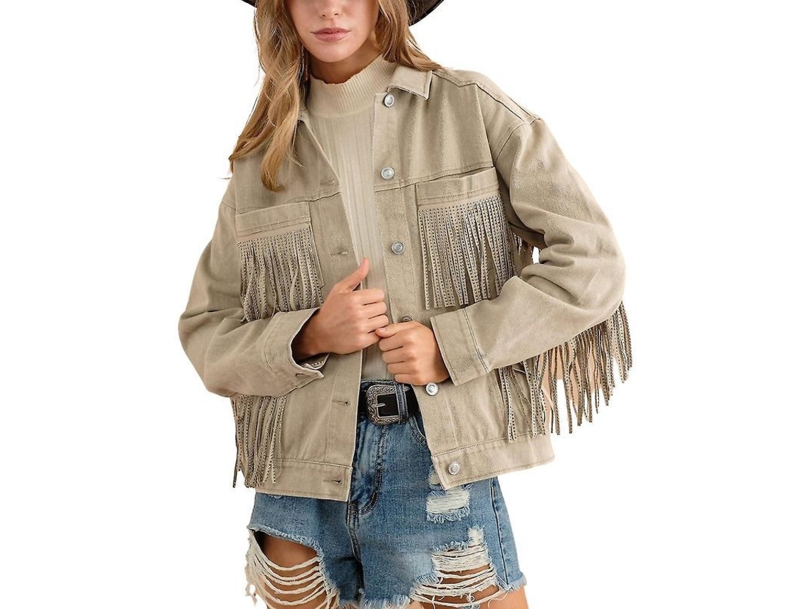Fasst jaqueta Vaquera Mulher com Flecos de Pedras Brilhantes Manga Longa Casual | S/MARCA