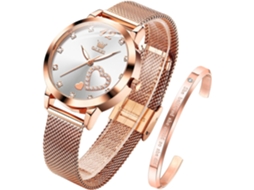 Lurelia Relógio Feminino, Movimento De Quartzo, Data/calendário, Detalhes Com Strass, Aço Inoxidável, Resistente À Água, Rosa Ouro, Branco