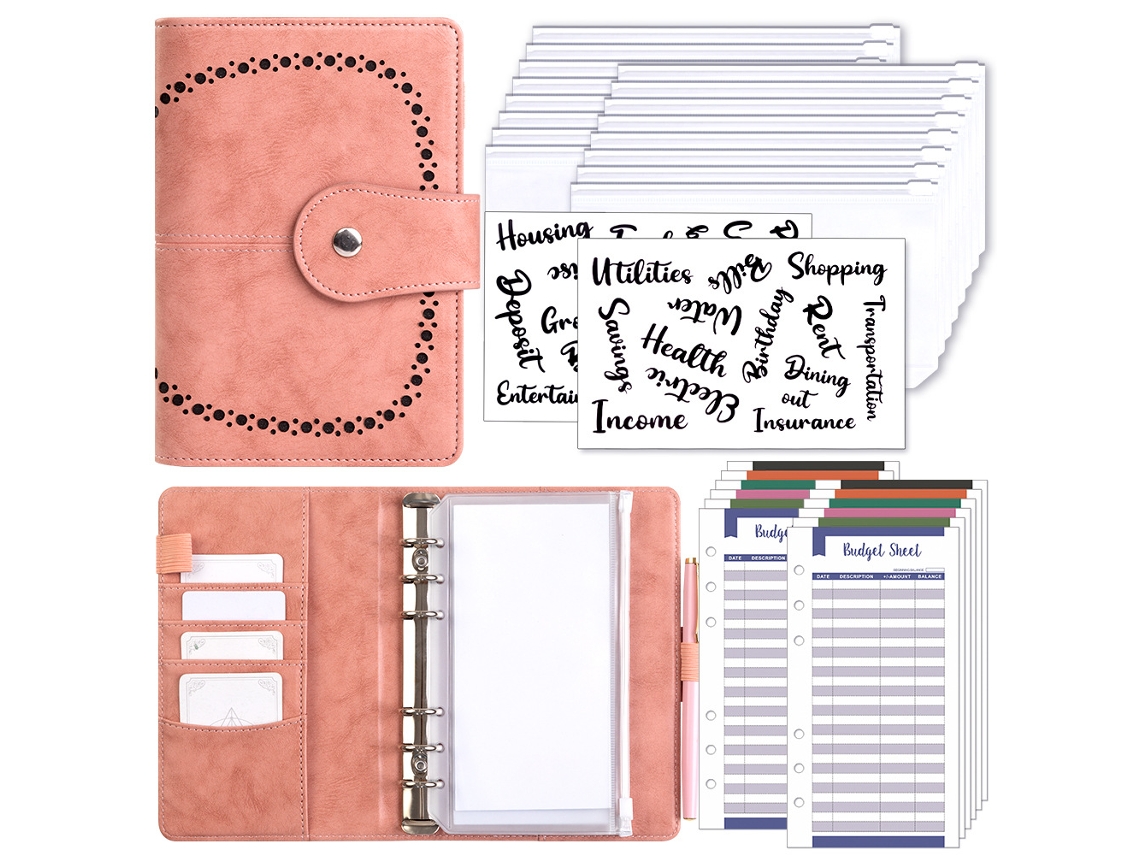 A6 Pu Macaron Loose Leaf Notebook Cover Removable Cash Budget Planner Pink Base Black Dots With 1-bill Pocket, 8-cash