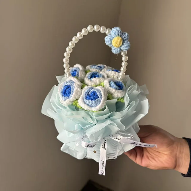 Cesta De Flores De Crochê Para Decoração, Buquê Artificial Tricotado, Presente Para O Dia Dos Namorados