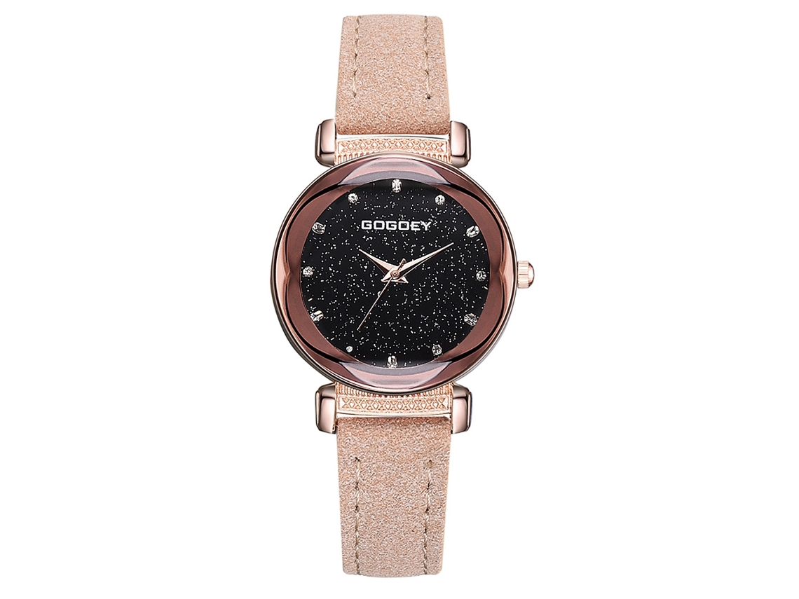 Relógio de Pulso Feminino de Quartzo com Pulseira Pu e Strass Mostrador Céu Estrelado Bege