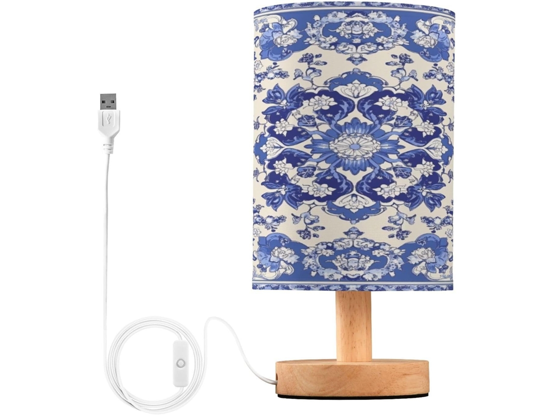 Cabeceira de mesa com iluminação LED em porcelana azul e branca com portas USB, luminária de leitura e luminária de mesa para quarto.
