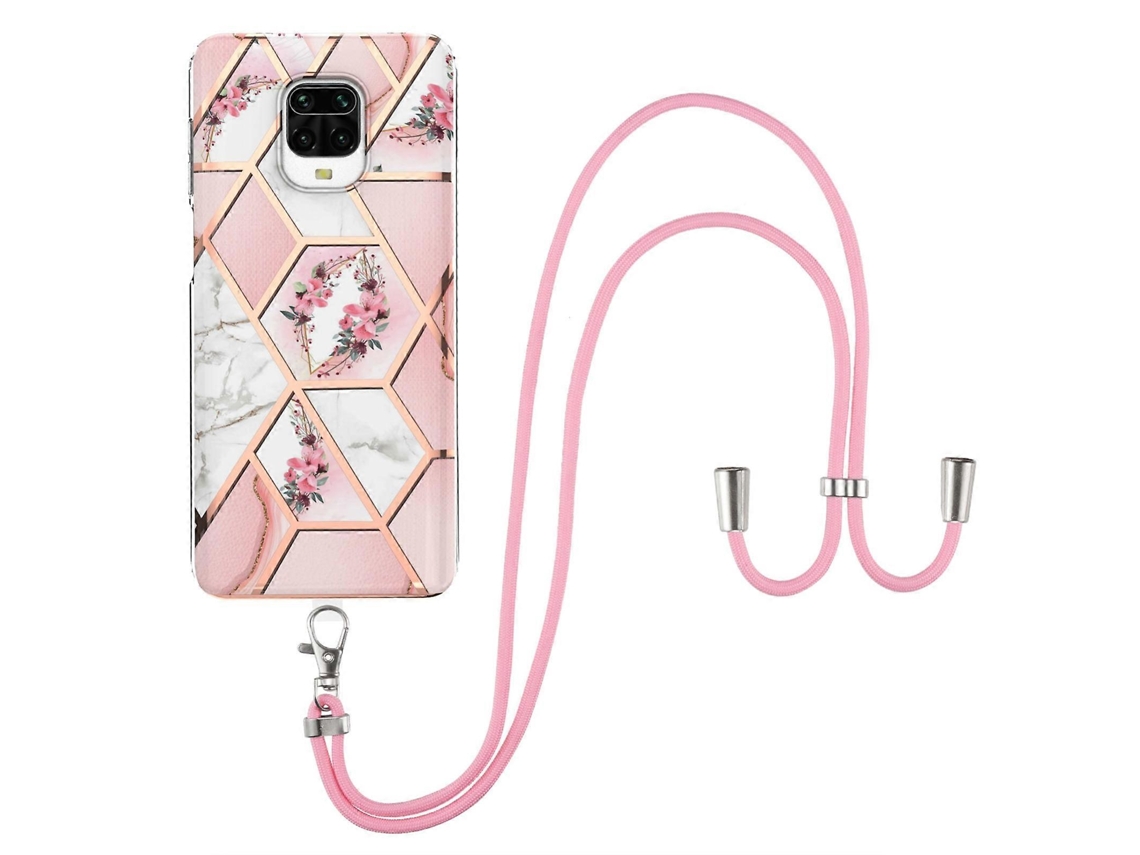 Capa De Tpu Resistente A Impactos Com Estampa De Mármore E Flores, Acabamento Eletroplaqueado, Para Xiaomi Redmi Note 9s / Note 9 Pro, Com Cordão.