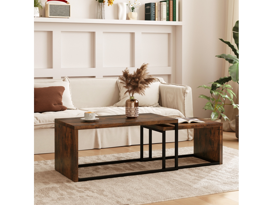 Conjunto Duas Mesas Baixas Formas Variadas Pés Metal Preto Castanho Design Elegante Multifuncional