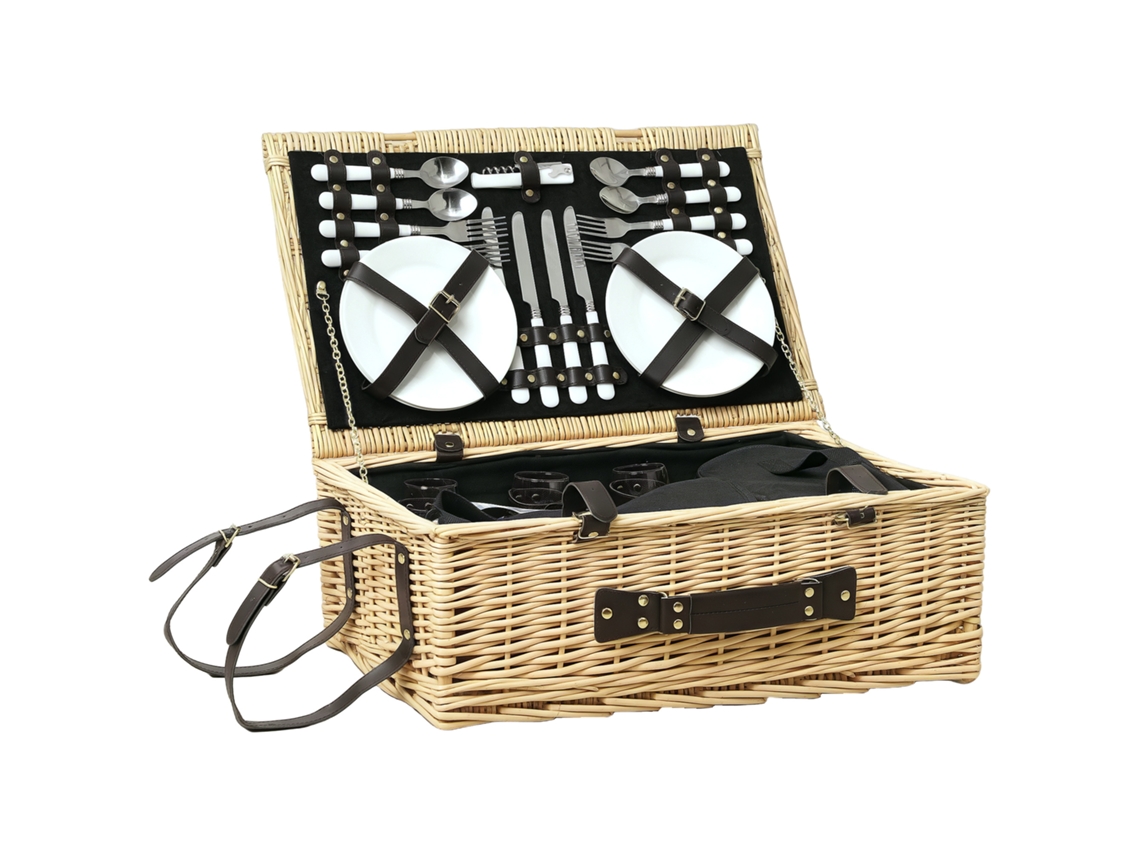 Cesta de piquenique de salgueiro para 4 pessoas, compartimento térmico, talheres de madeira, natural, S/MARCA
