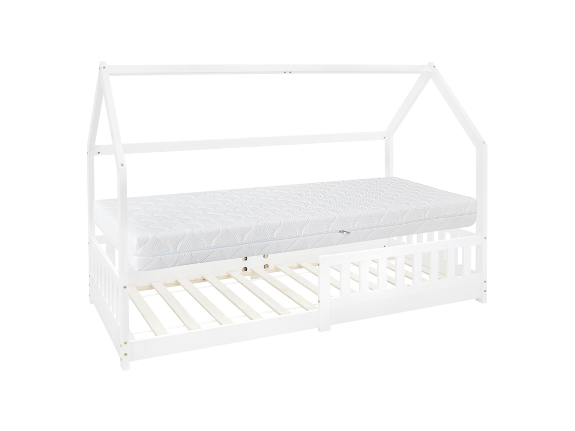 Cama de criança ML-Design casa 90x200 cm pinho branco com colchão de espuma e proteção