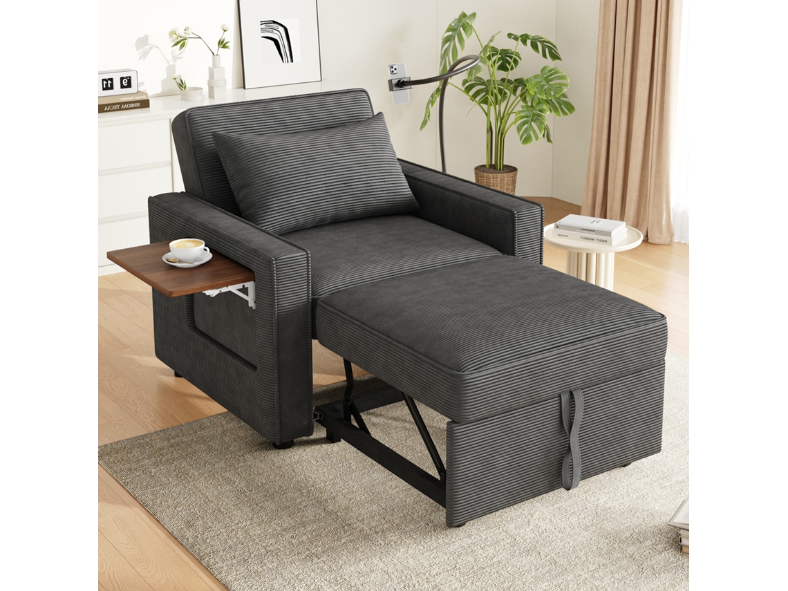 Poltrona-cama Dobrável Com Usb E Suporte Para Telemóvel, Sofá Conversível Compacto Cinza