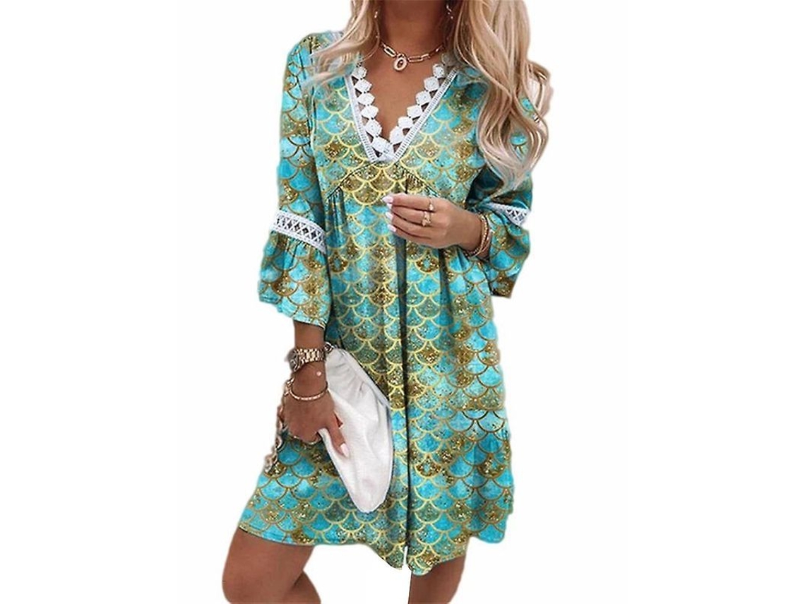 Vestido mini boho 2026 com mangas 3/4 e decote em V, ideal para férias de verão na praia, modelagem solta.