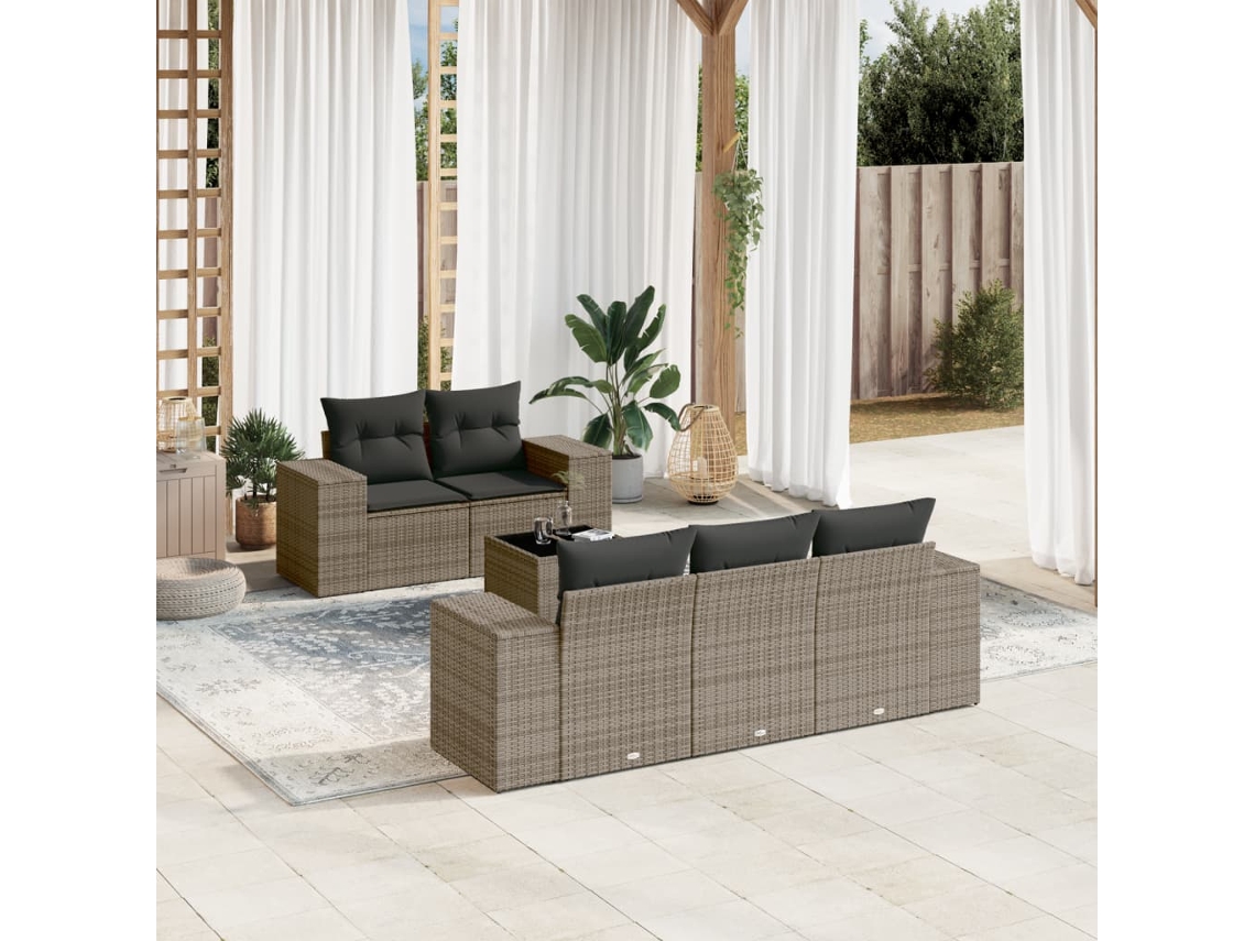 Vidaxl 6 Pcs Conjunto Sofás De Jardim Com Almofadões Vime Cinzento