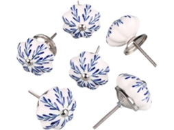 Conjunto de 6 Puxadores Vintage em Cerâmica Pintada à Mão com Estampa Floral em Azul e Branco BRILVIBERA