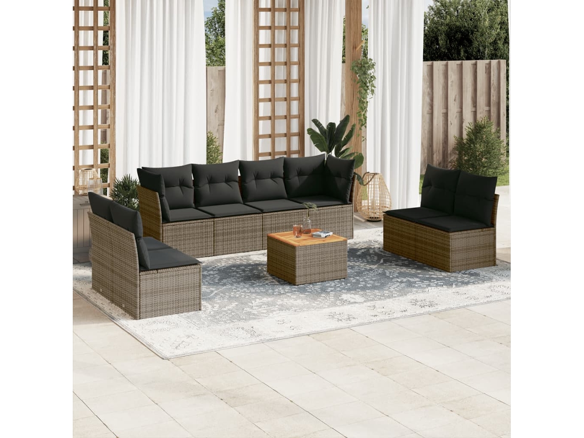 Vidaxl 9 Pcs Conjunto Sofás P/ Jardim Com Almofadões Vime Pe Cinzento