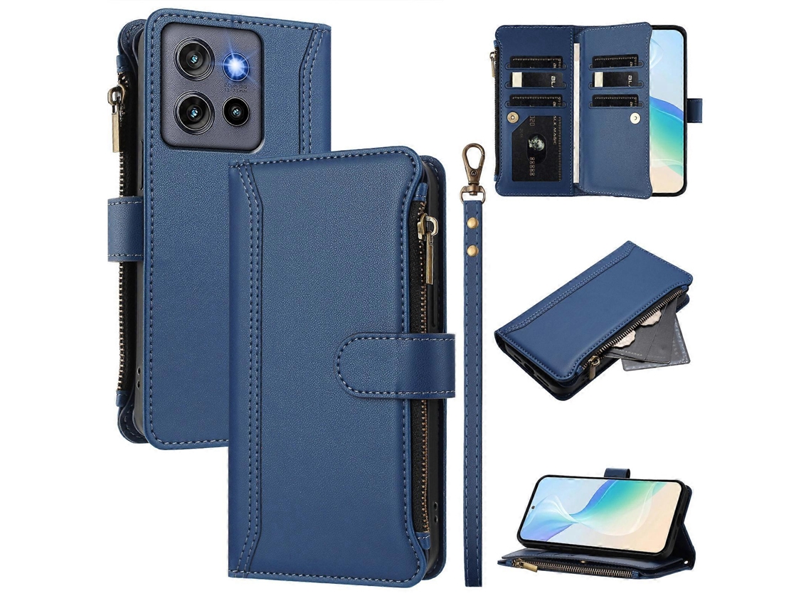 Capa De Couro Com 9 Compartimentos Para Cartões, Suporte Tipo Carteira E Zíper, Com Alça De Pulso, Azul Escuro, Para Motorola Moto G Stylus 5g (2025)
