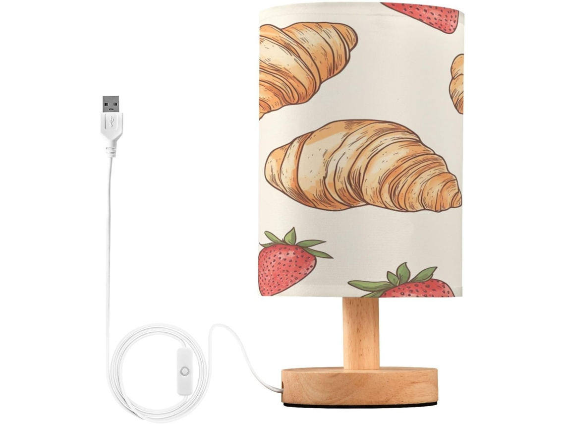 Luminária De Cabeceira Led Pequena Skyshu Em Formato Pão Morango Usb Com Base Madeira Antiderrapante E Cúpula Que Não