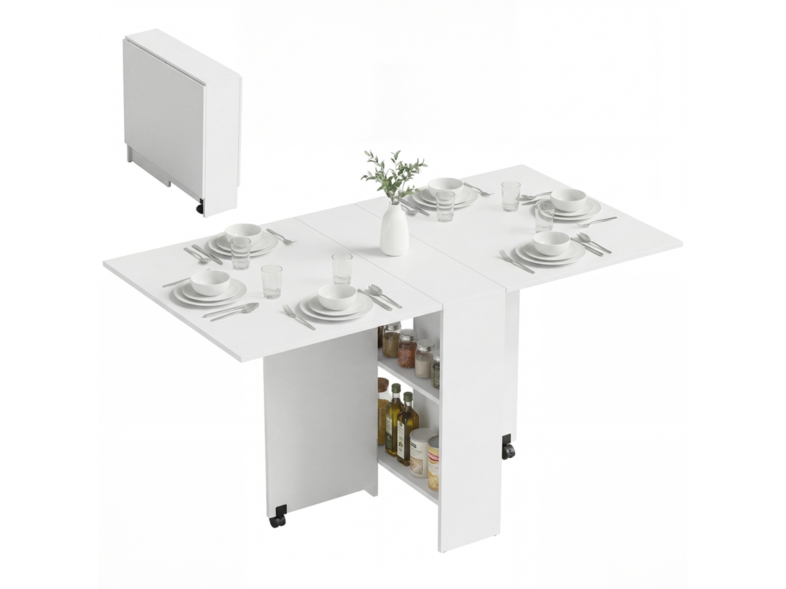 Mesa de Jantar Dobrável com Rodas, Abas Rebatíveis e Prateleiras para 4 a 6 Pessoas, 75x140x74 Cm, Branca