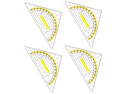 Kit de desenho triangular com 4 peças, cabo e escalas transparentes.