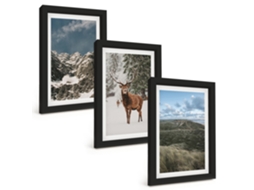 Quadros Decorativos Para Parede Montanhas, Neve, Veado, Paisagem De Floresta Moldura Preta Quadros Para O Escritório Espelharte (3 Peças 20x30 Cm)