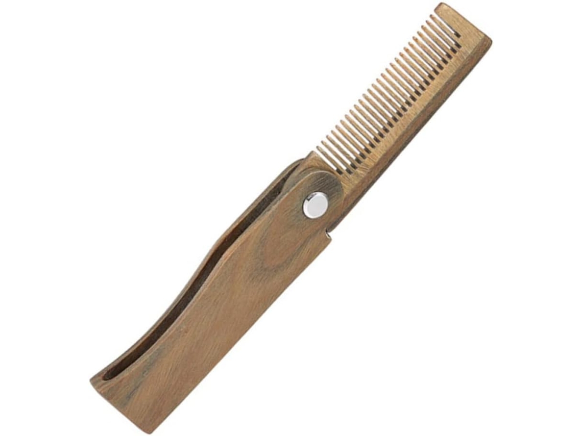 Caneta portátil de madeira marrom para barba, ideal para cuidados masculinos. Tamanho compacto, prática e conveniente para levar na bolsa.