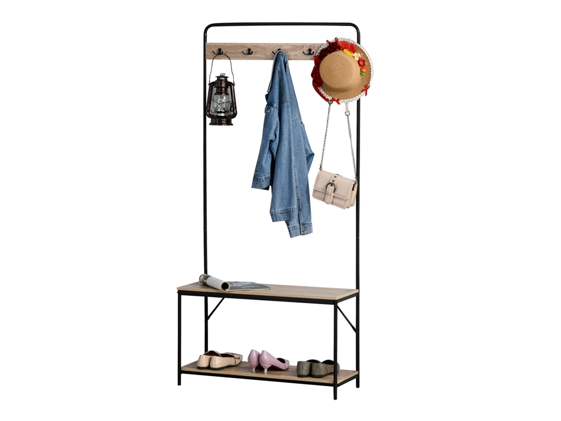 In 1 Appendiabiti Con Panca E Scarpiera In Stile Industriale, Mobile Per Ingresso Vintage In Legno E Acciaio, 80.5x30x170 Cm, Nero