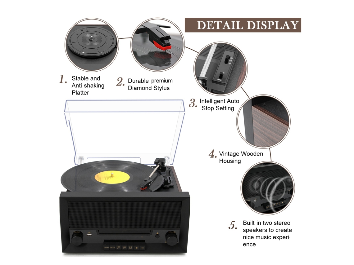 Toca discos LAXISCREED 8 em 1 Bluetooth 3 Velocidades
