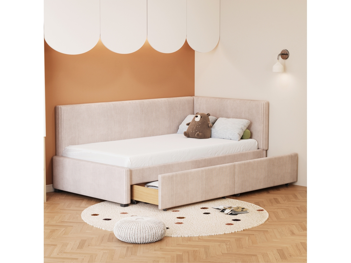Banco cama estofado em veludo, 90 x 200 cm, 2 gavetas e base de ripas bege.