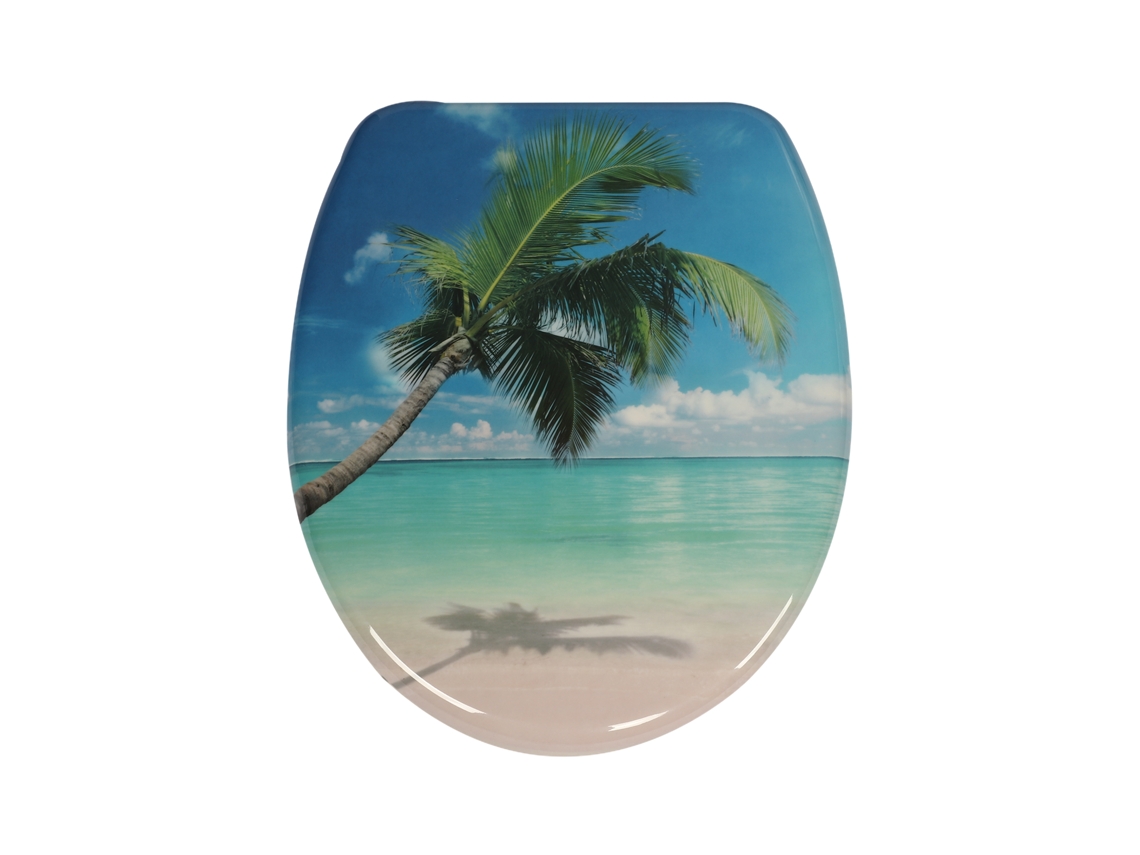 Assento Oval Em Duroplaste Com Fecho Suave, Design Praia Com Palmeiras Tropicais.