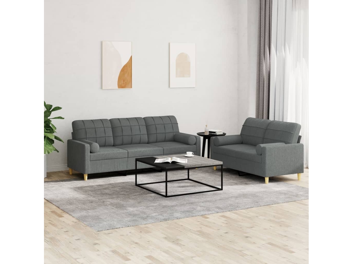 Vidaxl 2 Pcs Conjunto De Sofás Com Almofadas Tecido Cinzento-escuro