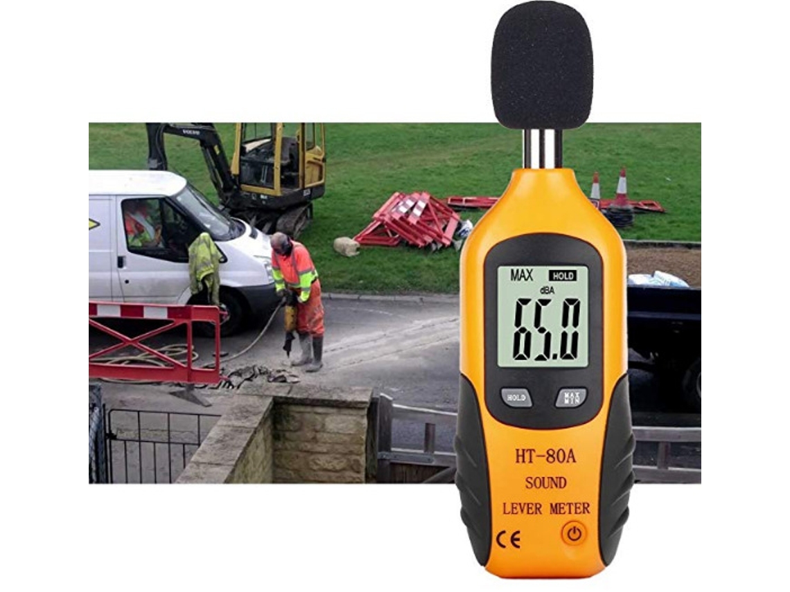 Medidor de nível sonoro profissional de 30 a 130 dBA com brilho.