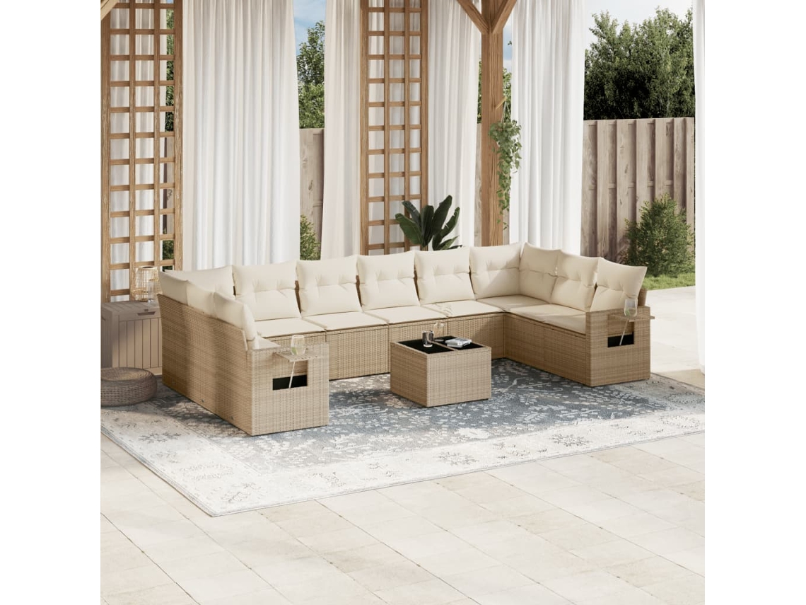 Vidaxl 11 Pcs Conjunto Sofás De Jardim C/ Almofadões Vime Pe Bege