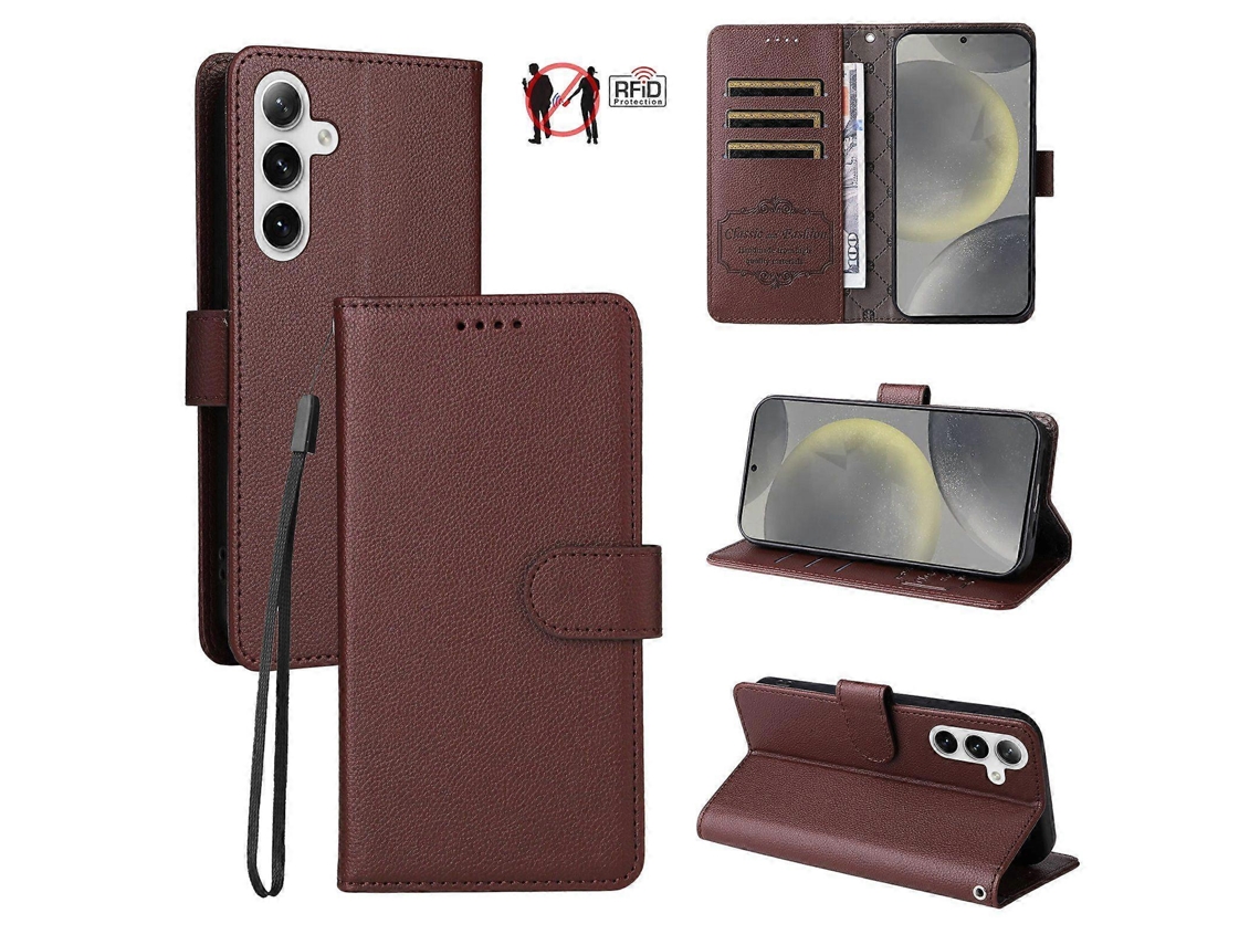 Capa De Couro Para Celular Com Bloqueio Rfid E Textura De Lichia Para 3 Cartões