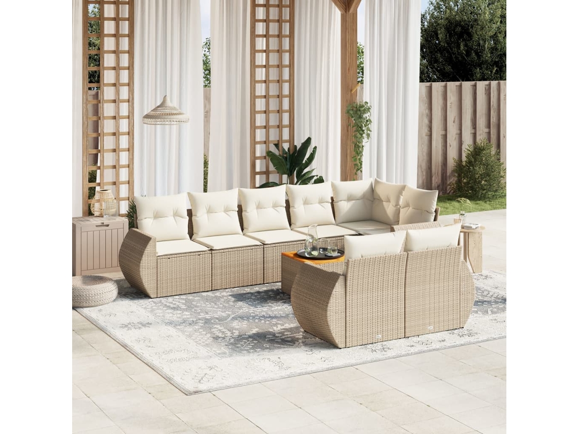 9 Pcs Conjunto De Sofás P/ Jardim Com Almofadões Vime Pe Bege Dkd Home Decor