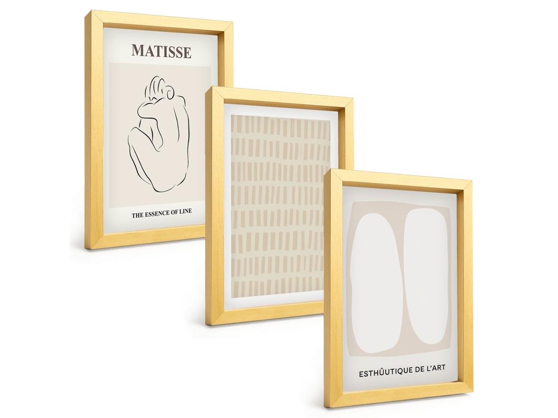 Quadros Decorativos Para Paredeformas De Linhas Bege E Brancas Moldura Dourada Quadros Para O Escritório Espelharte (3 Peças 20x30 Cm)
