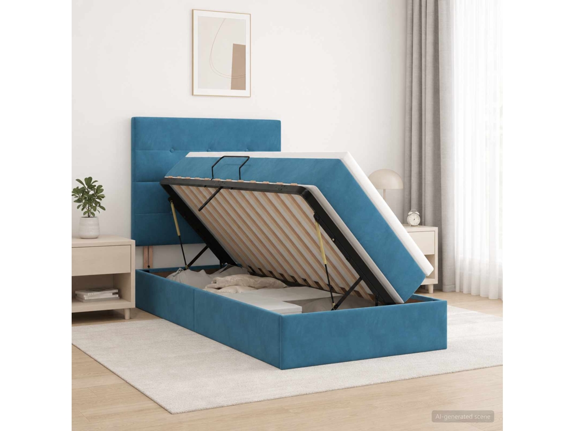 Vidaxl Cama Com Arrumação E Colchão Azul Escuro 100 X 200 Cm Veludo