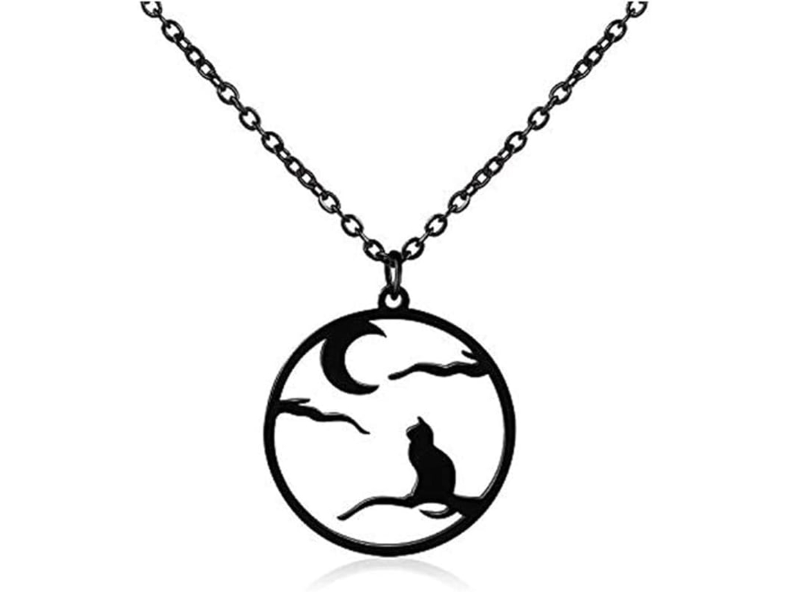 Colar De Gato Da Lua De Halloween - Colar De Pingente De Ramal Preto De Aço Inoxidável, Para Mulheres E Meninas