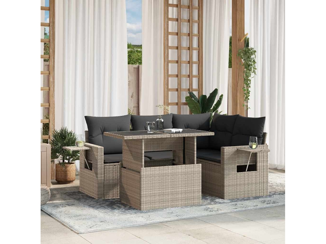 Vidaxl 5 Pcs Conj. Sofás Jardim C/ Almofadões Vime Pe Cinzento-claro