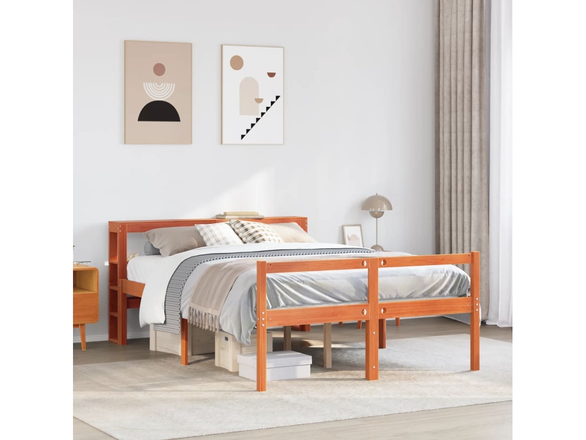 Vidaxl Estrutura Cama C/ Cabeceira 135x190cm Pinho Maciço Castanho-mel