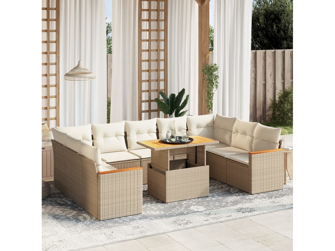 Vidaxl 10 Pcs Conjunto De Sofás P/ Jardim Com Almofadões Vime Pe Bege