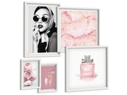 Composição De Quadros Na Parede Acessórios Rosa Estilosos Moldura Branca Quadros Para A Sala De Estar Espelharte (conjunto De 5 Imagens)