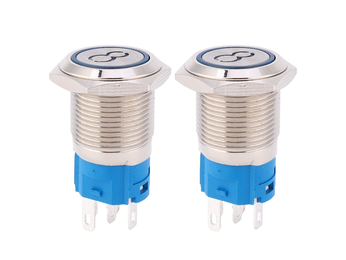 2 Botões De Interruptor De Aço Inoxidável 16mm Cabeça Plana Auto-reset 5 Pinos Símbolo '8' Azul 3~6vdc