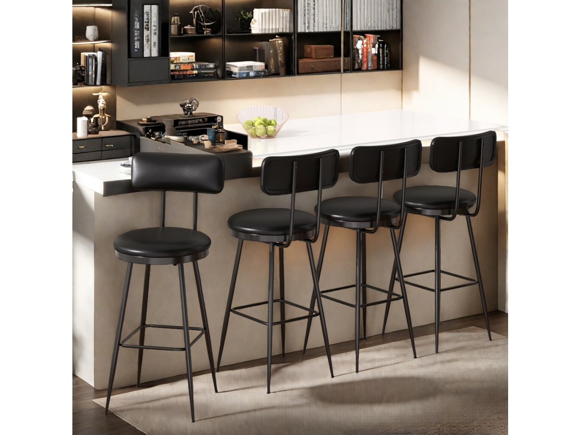 Conjunto De 4 Bancos De Bar Com Encosto, Apoio Para Os Pés, Para Bar, Sala De Jantar Banco De Bar Almofadado Em Pele Pu Preto Rosahqnda (85x38x35cm)