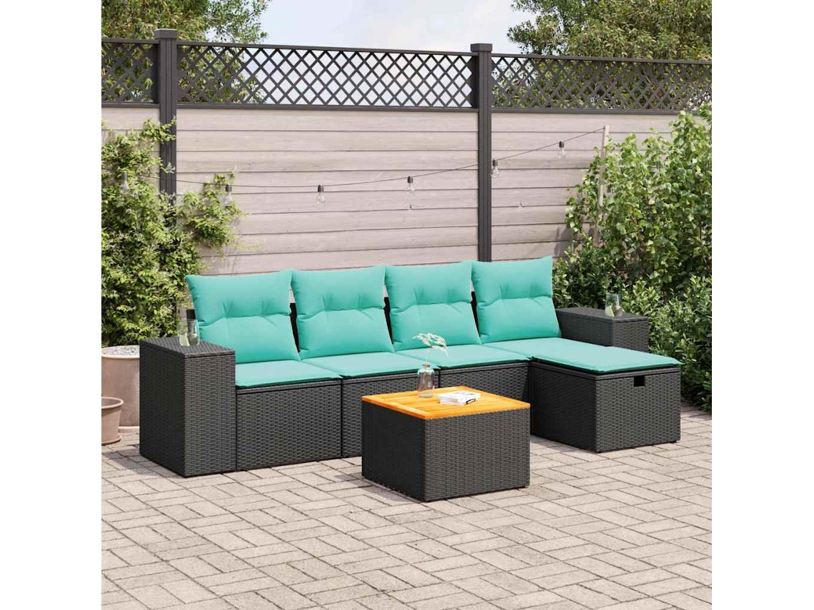 Vidaxl 6 Pcs Conjunto Sofás de Jardim C/ Almofadões Vime Pe Preto
