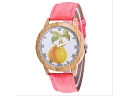 Relógio casual de quartzo com pulseira de jeans e estampa moderna de frutas (rosa)