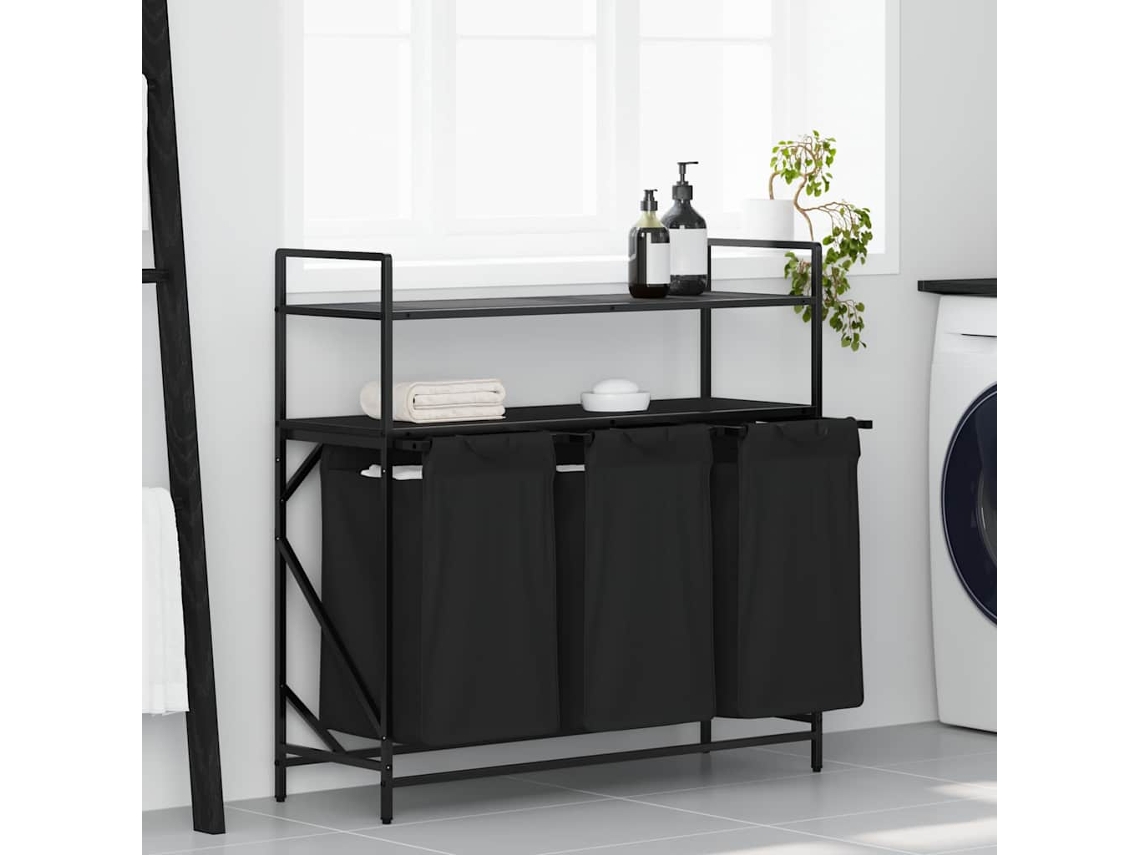 Vidaxl Cesto De Roupa Suja Com 3 Compartimentos E Prateleiras, Cor Carvalho Preto