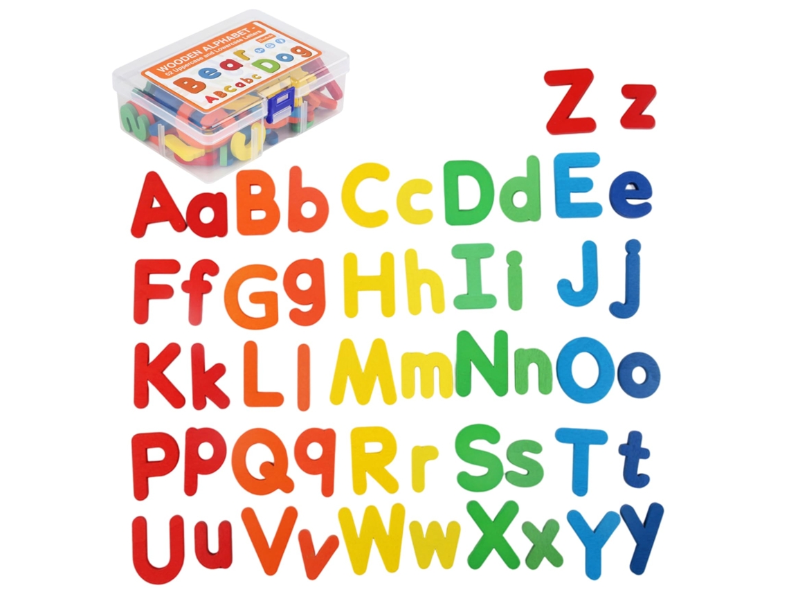 Conjunto com 52 Letras de Madeira Coloridas Montessori, Vem com Caixa Plástica de Armazenamento, Material Didático para Alfabetização Infantil.
