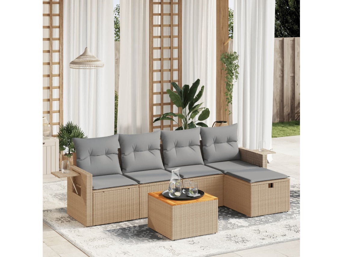 Vidaxl 6 Pcs Conj. Sofás Jardim C/ Almofadões Vime Pe Bege Misturado