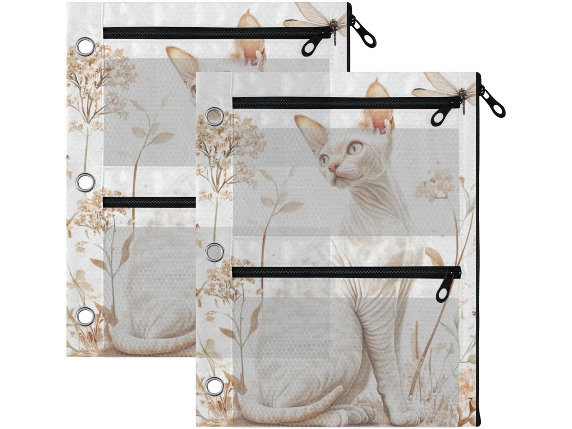 Estojo Com Fecho Zip 3 Argolas, Estampa De Gato Cornish Rex, Branco