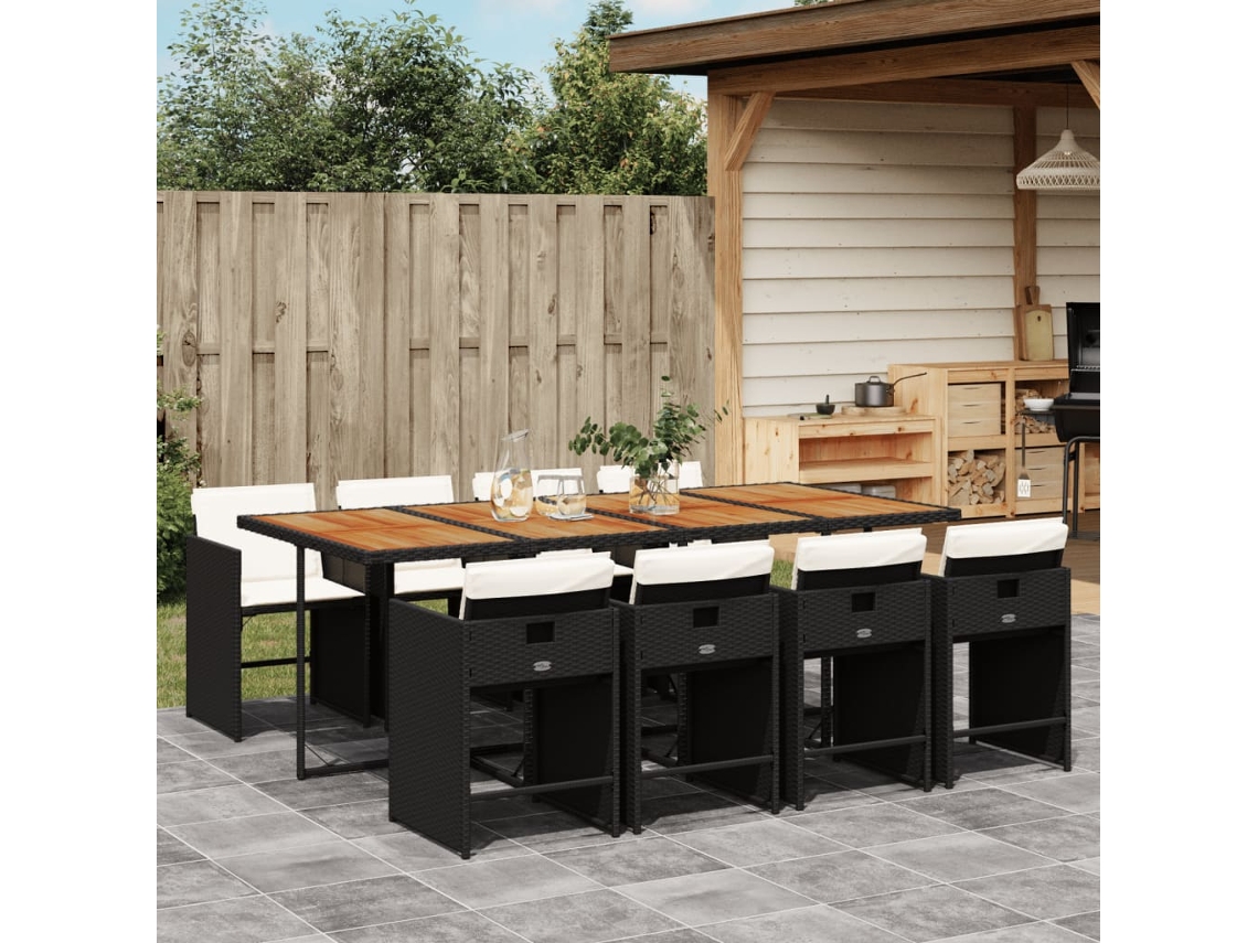 Vidaxl 9 Pcs Conjunto De Jantar P/ Jardim C/ Almofadões Vime Pe Preto