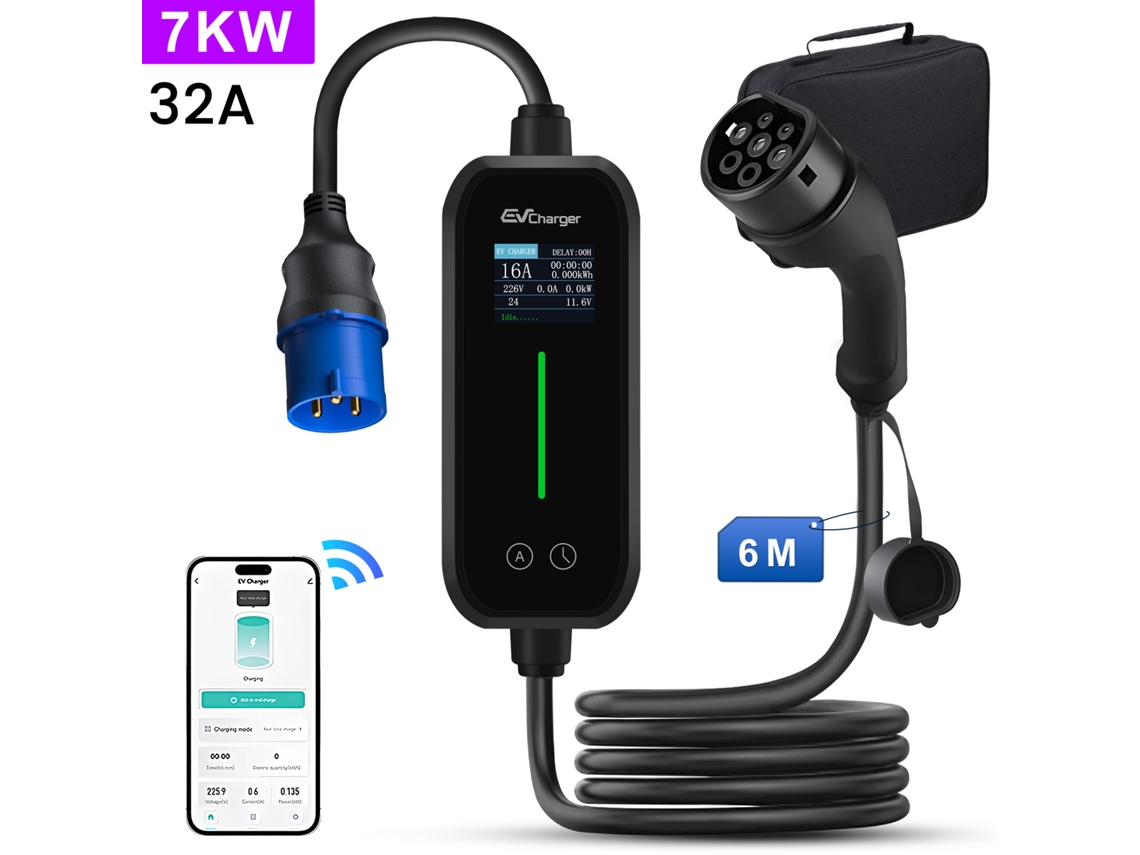 Carregador Ev 7kw 32a, 6 Metros, Ecrã Lcd, App, Atraso de Carga, Ip65 Ideal para Casa e Garagem HEXINEX