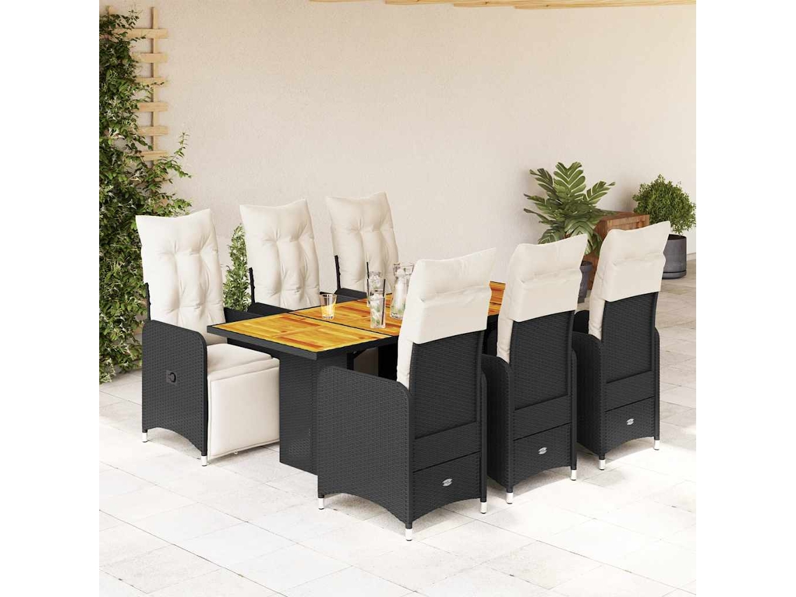 Vidaxl 7 Pcs Conjunto De Bistrô P/ Jardim C/ Almofadões Vime Pe Preto